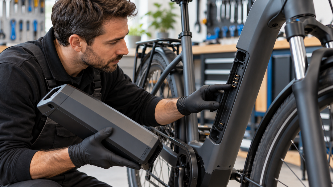 Gloved mechanic visually inspecting the battery contacts on a removable e-bike battery rail in a workshop.