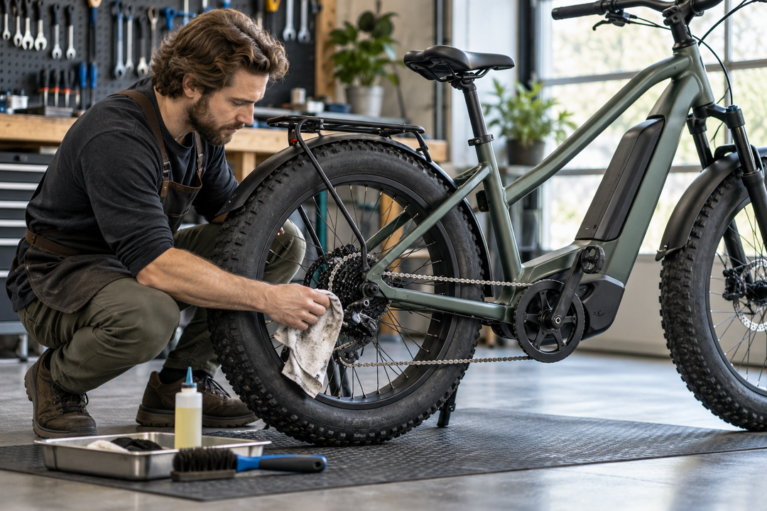 Mechanic wiping the drivetrain of a fat-tire e-bike in a workshop.