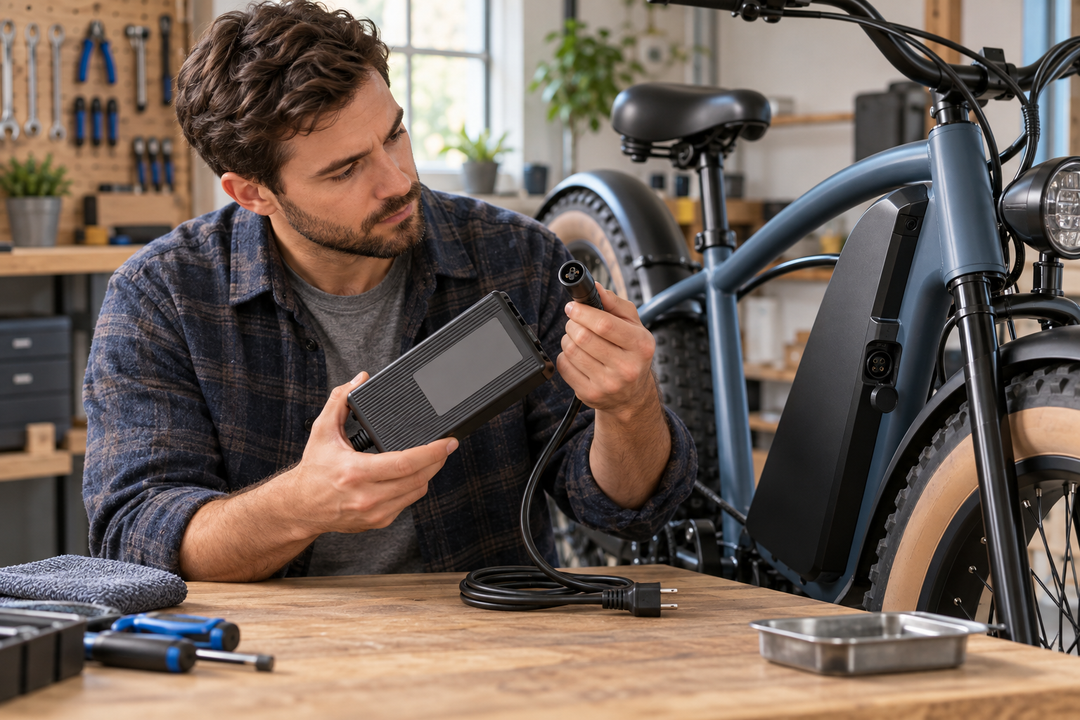 Rider comparing an e-bike charger plug with the battery charging port before connecting it.