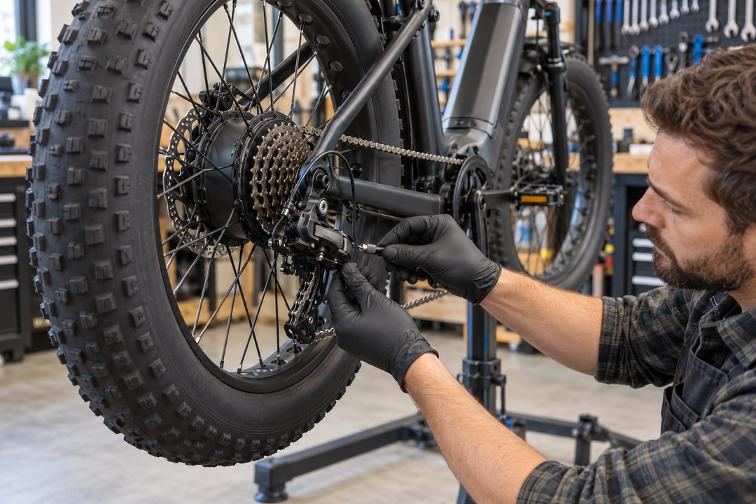 Mechanic indexing the rear derailleur on a fat-tire electric bike in a workshop.