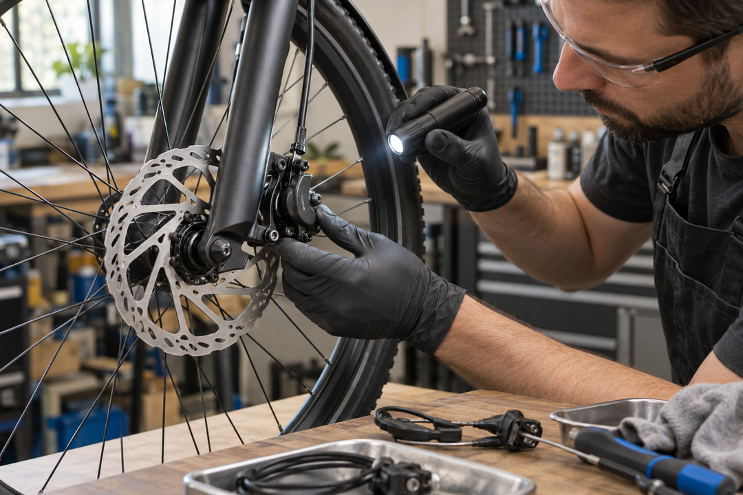 Mechanic inspecting an e-bike front disc brake caliper and rotor in a workshop.