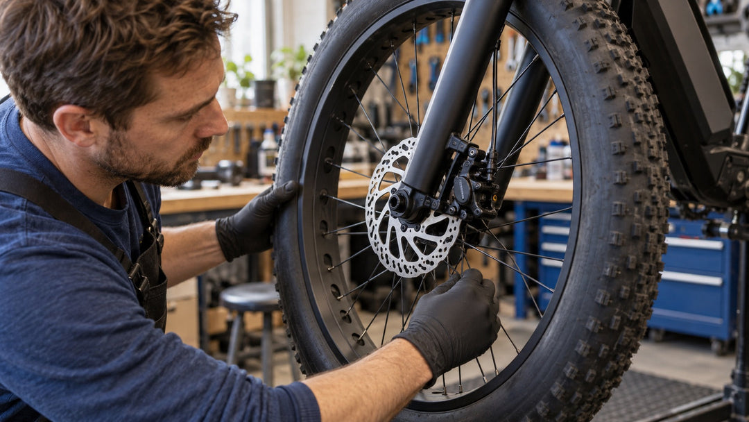 Mechanic checking an e-bike disc brake rotor for rubbing after reinstalling the front wheel