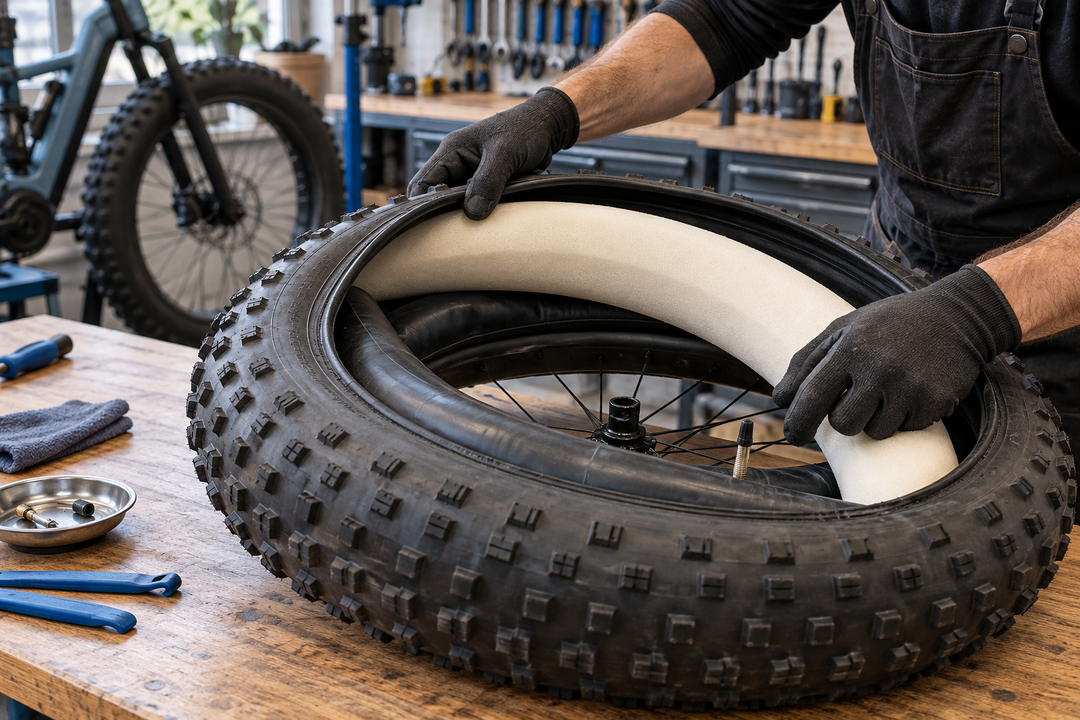 Mechanic fitting a foam tire insert and inner tube inside a fat-bike tire.