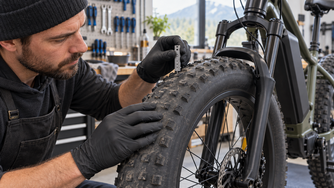 Mechanic inspecting worn tread on a fat-tire electric bike
