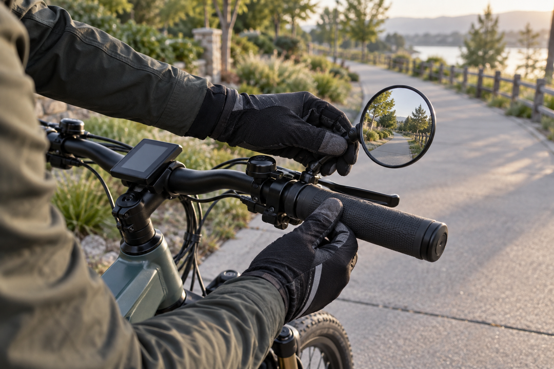 Cyclist adjusting a handlebar mirror on a stationary electric bike
