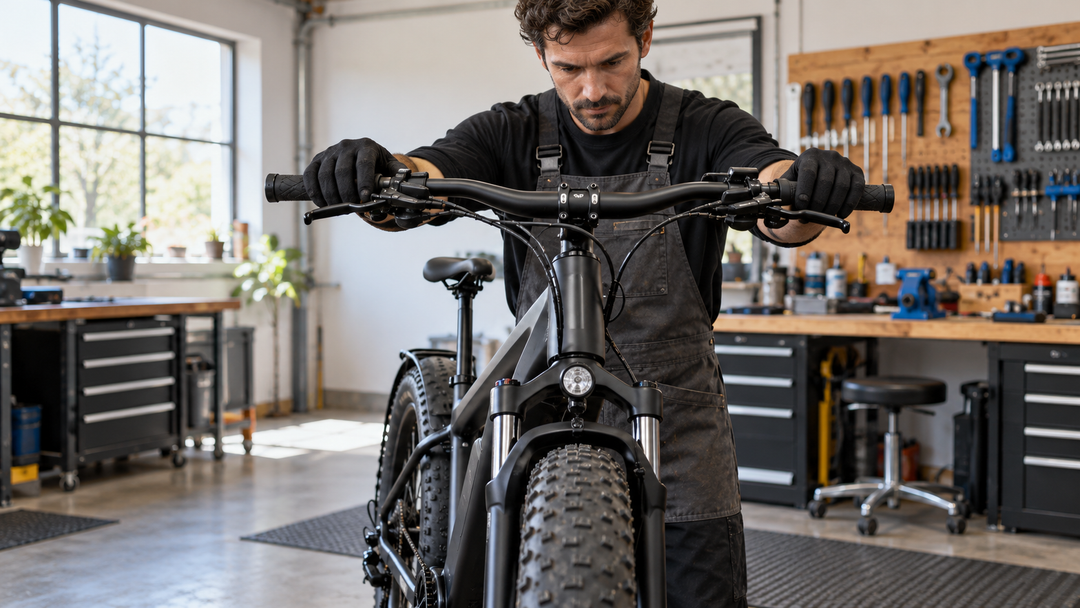 Gloved mechanic checking e-bike handlebar and stem alignment while holding the front wheel straight in a workshop.