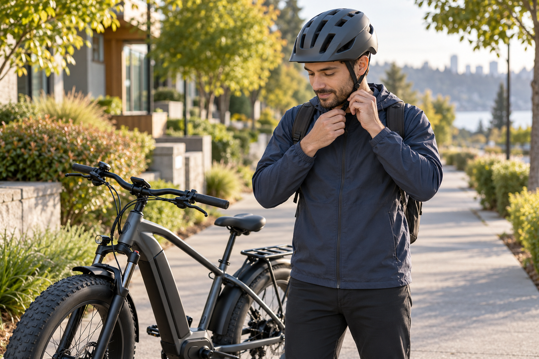 Rider adjusting an e-bike helmet chin strap beside a fat-tire electric bike.