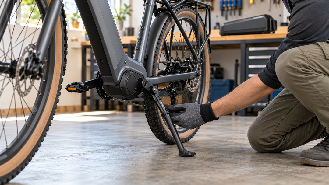 Gloved mechanic inspecting an e-bike kickstand pivot and foot on a stable workshop floor.