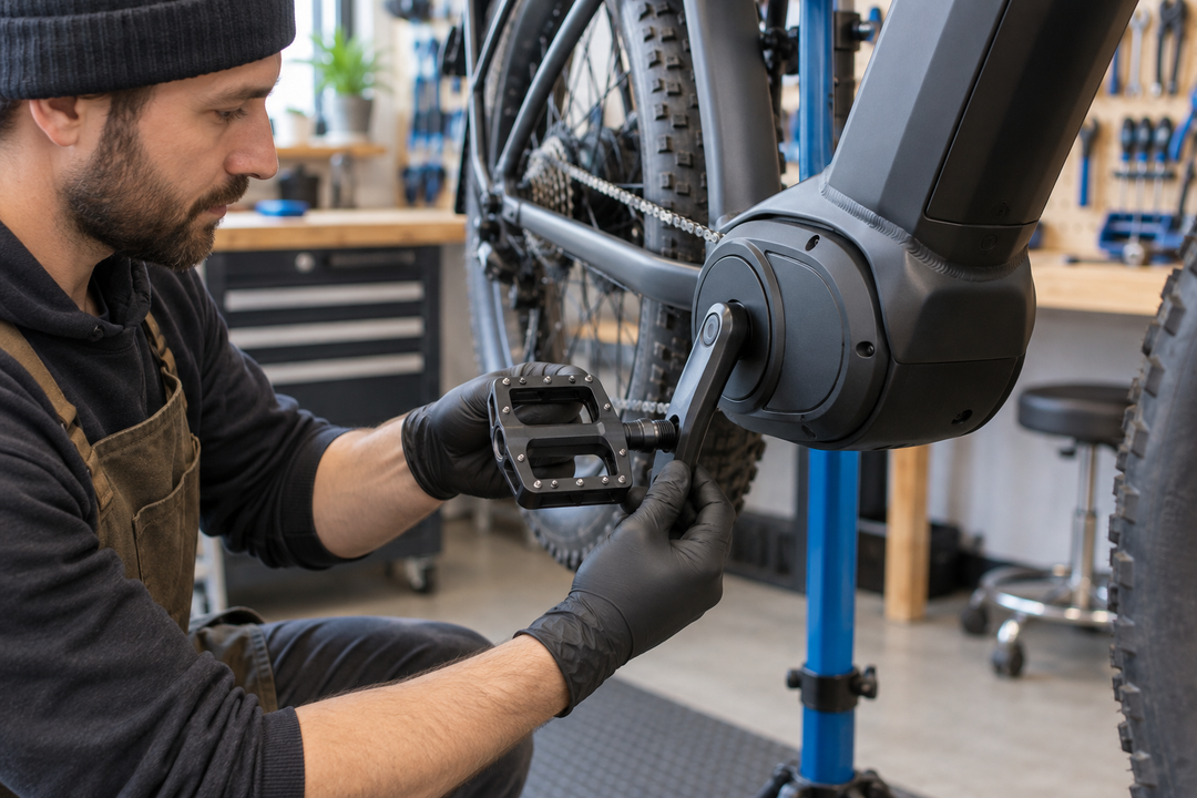Mechanic installing a platform pedal on a fat-tire electric bike