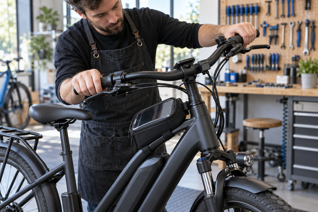 Mechanic checking steering and cable clearance around an e-bike top-tube phone bag