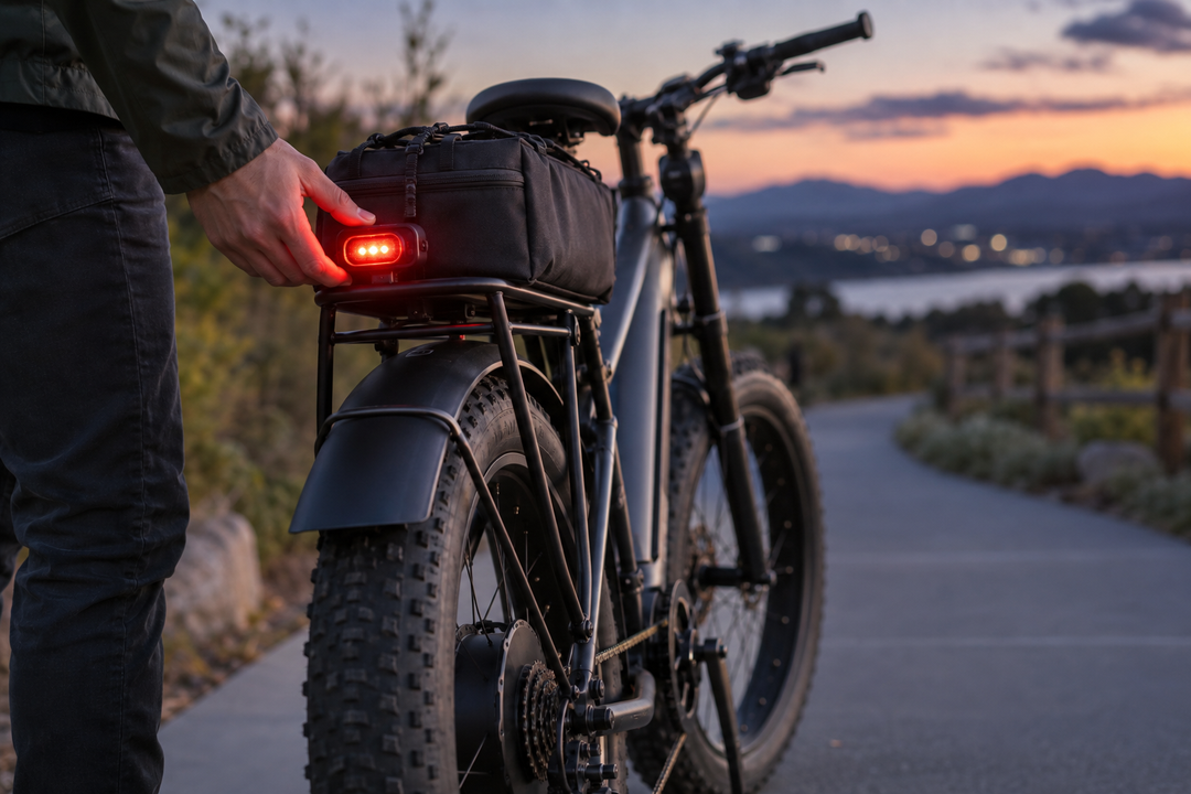 Rider checking an unobstructed rear light beside an e-bike rack bag at dusk.