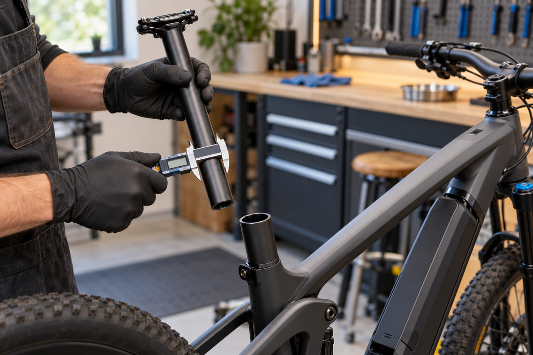 Mechanic measuring an e-bike seatpost with digital calipers beside an open seat tube in a workshop.