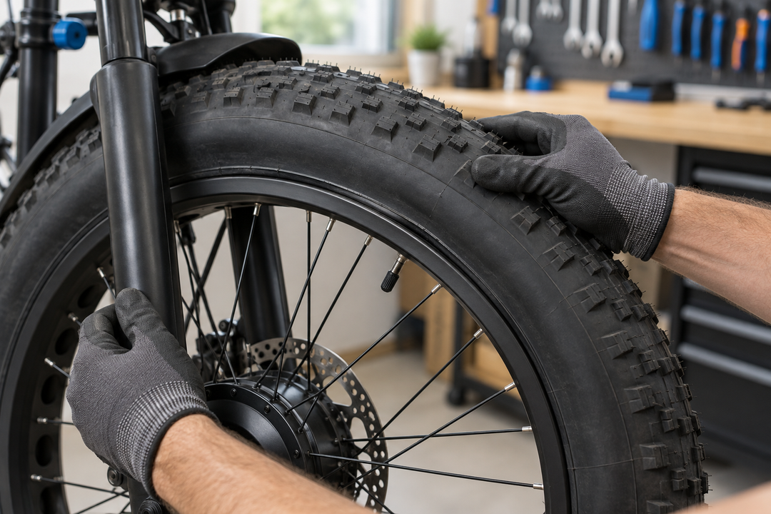 Gloved mechanic inspecting the tire bead on a fat-tire electric bike wheel