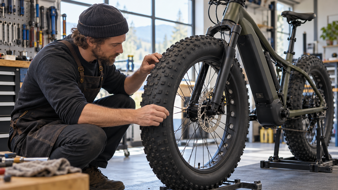 Mechanic inspecting the front wheel of a fat-tire e-bike in a workshop