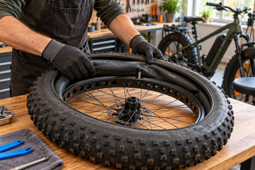 Mechanic carefully fitting an inner tube inside a fat-bike tire on a workshop bench.