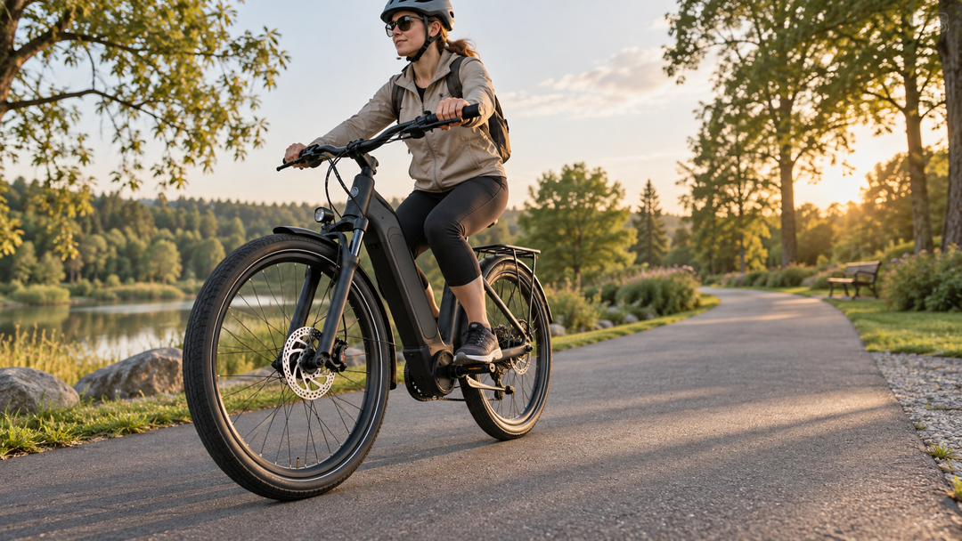 Rider bedding in e-bike disc brakes with controlled stops on a clear paved path