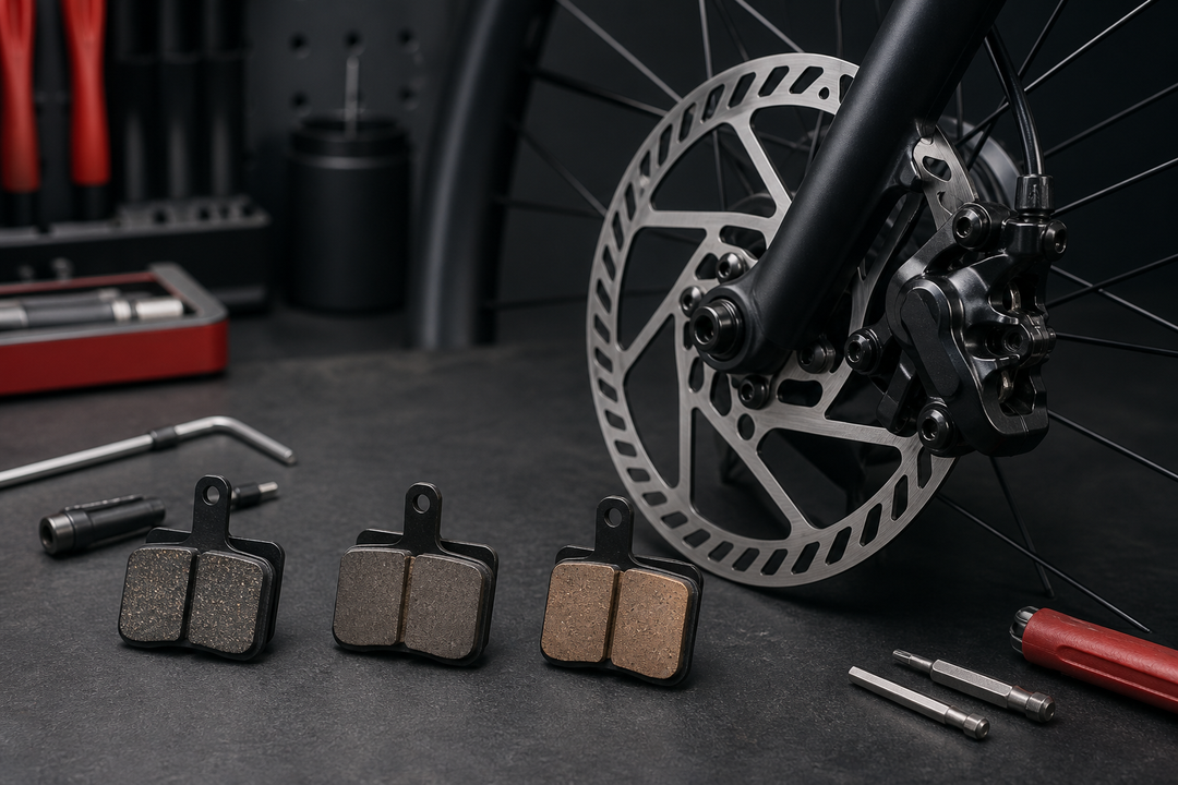 E-bike disc brake rotor, caliper and three brake pad compounds on a workshop bench