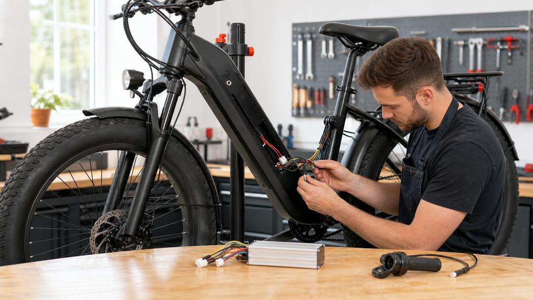 Mechanic inspecting controller wiring on a Kasen-style electric bike in a clean workshop