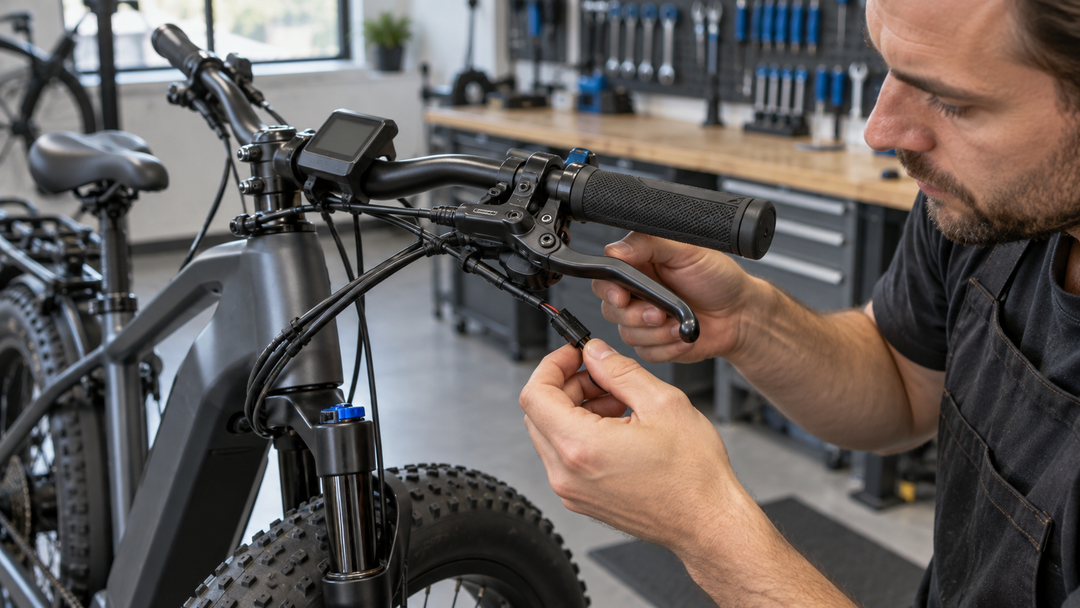 Mechanic inspecting an e-bike hydraulic brake lever cut-off sensor connector in a workshop