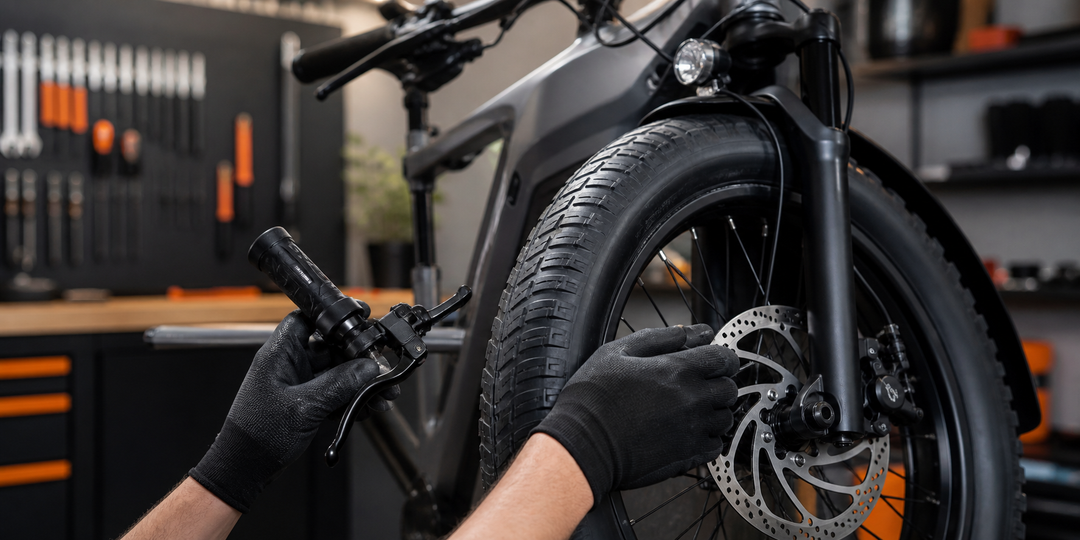 Mechanic inspecting an e-bike hydraulic brake lever and front disc brake in a workshop
