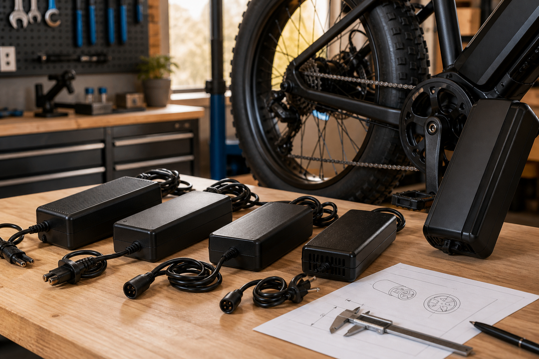 Replacement e-bike chargers arranged on a workshop bench beside a fat tire e-bike battery and rear wheel