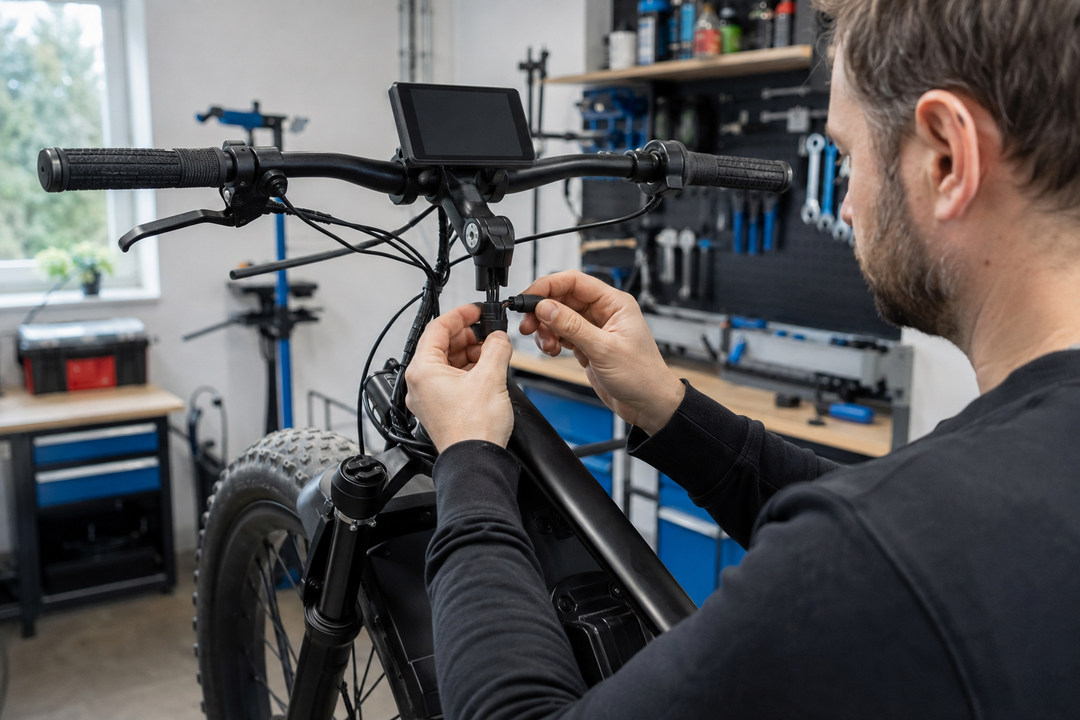 Mechanic inspecting the connector of a powered-off e-bike handlebar display