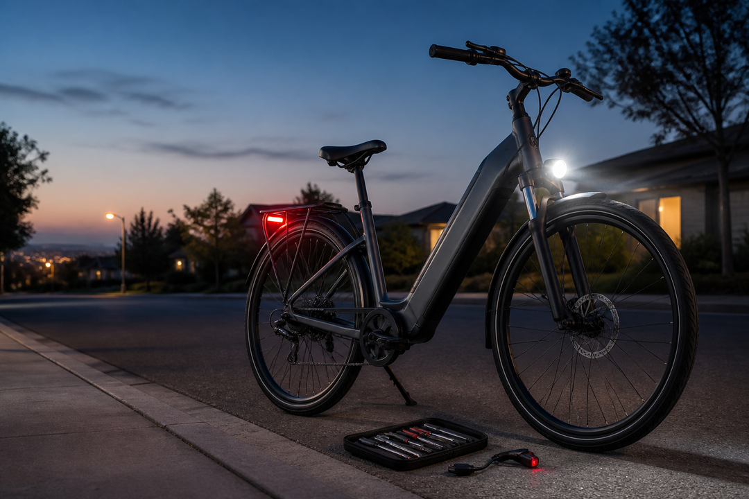 Kasen-style e-bike parked at dusk with front headlight and rear light illuminated during a lighting troubleshooting scene