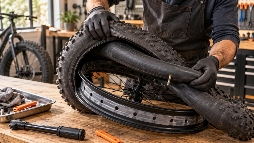 Mechanic inspecting a fat-tire e-bike inner tube and rim bed for the cause of a repeat flat