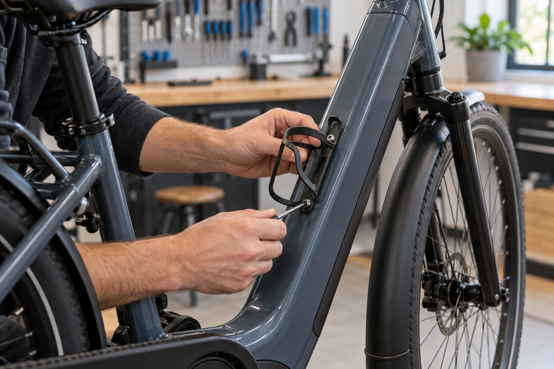 Mechanic installing an alloy water bottle cage on the threaded mounts of a step-through e-bike
