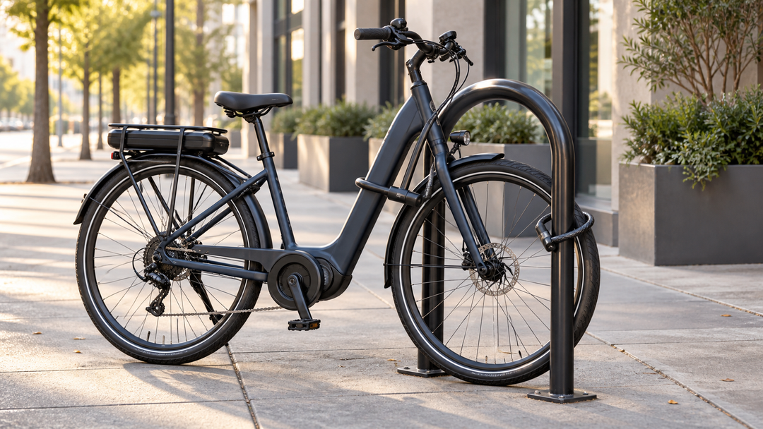 Step-through electric bike secured to a fixed rack with a U-lock and wheel cable