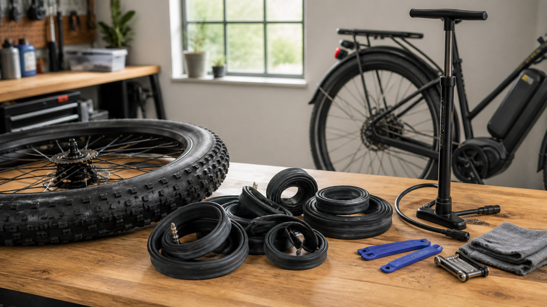 Workshop bench with replacement inner tubes, a fat-tire wheel, tire levers, and a floor pump beside an e-bike