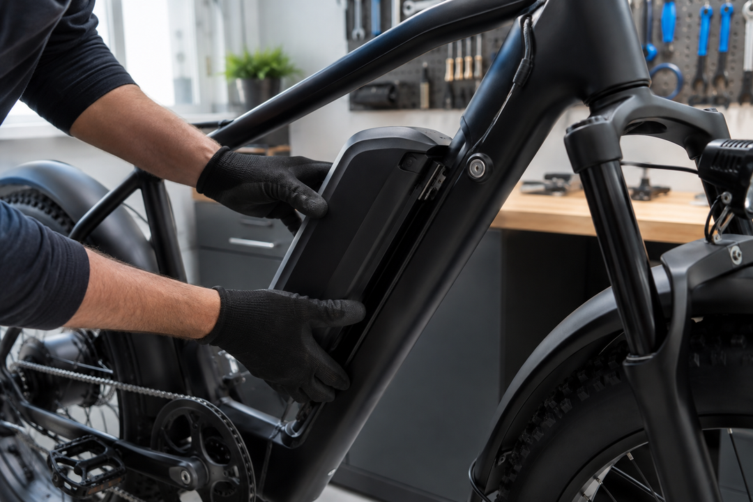 Mechanic checking a removable e-bike battery for movement on its frame-mounted rail