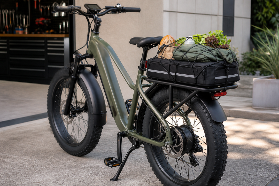Fat tire e-bike with a rear cargo rack, waterproof rack bag, and cargo net securing everyday cargo