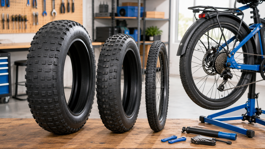 Three e-bike tires of different widths in a workshop, illustrating how to choose the right replacement tire for a Kasen e-bike.