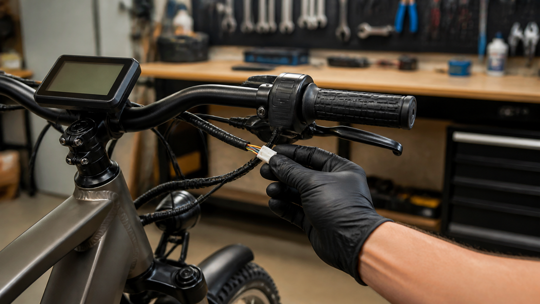 Mechanic inspecting a thumb throttle connector on a Kasen-style e-bike handlebar in a workshop