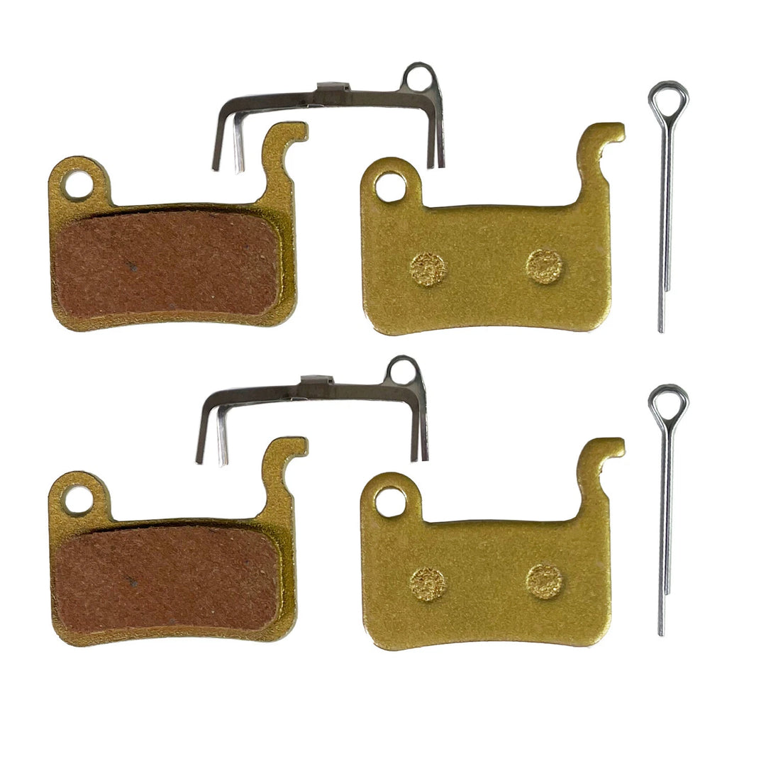 Two pairs of sintered disc brake pads compatible with selected Shimano XTR, XT, SLX and Deore calipers